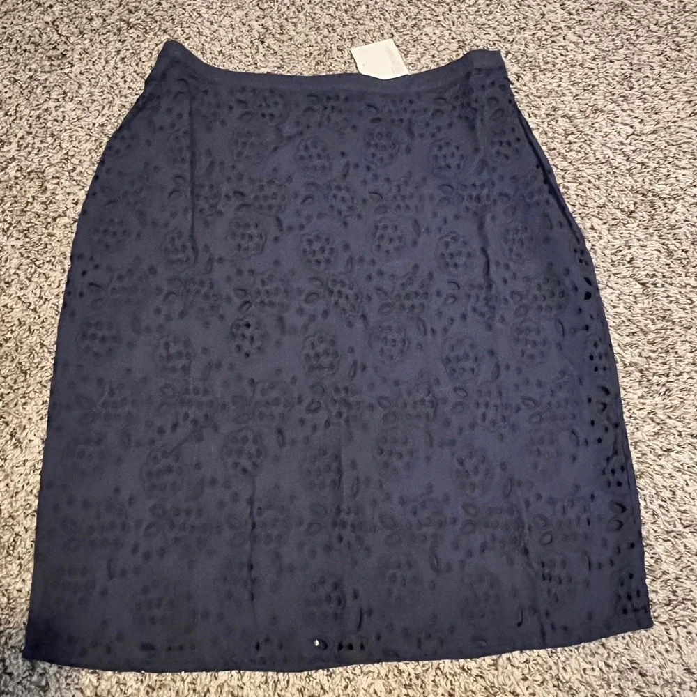 Boden Navy Blue Eyelet Embroidered Pencil Skirt US 10 UK 14 Floral Cutout Zip